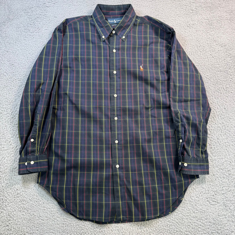Ralph‎ Lauren Mens Classic Fit Plaid Button Down Shirt Navy Green 15.5 32/33